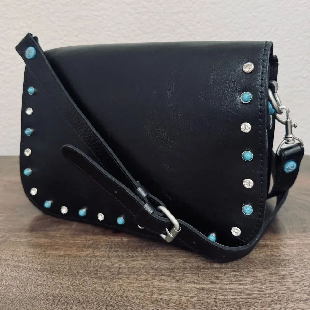Patricia Nash BlackโLeather Turquoise Crystal Studded Crossbody Purse